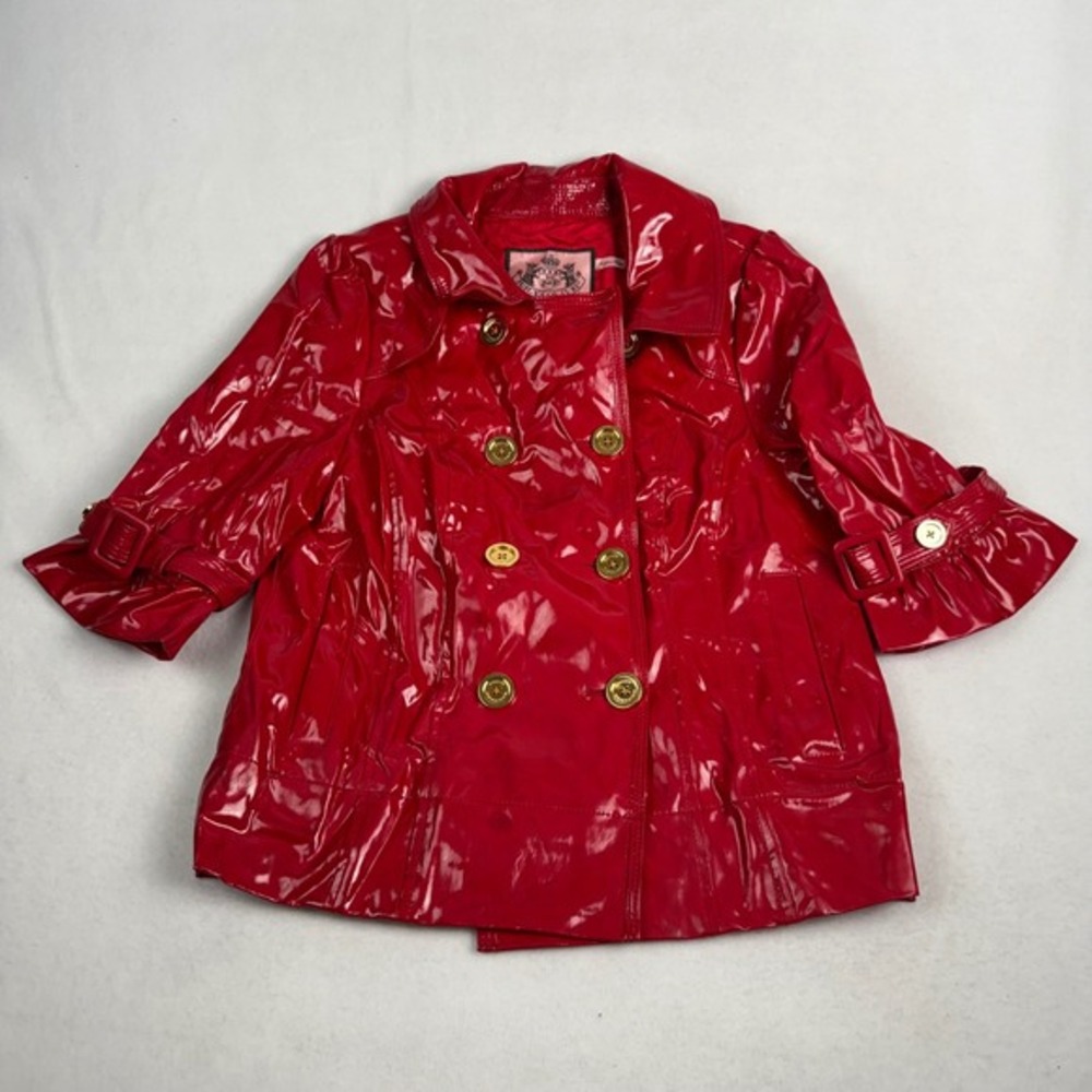 Juicy Couture Red Patent Vinyl Cropped Trench Coat Gold Button 3/4 Sleeve Small
